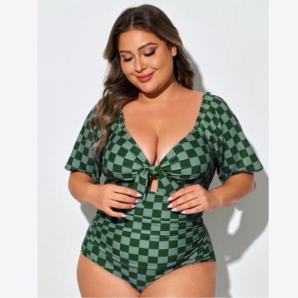 Meet.Curve Other - NWT Meet Curve Green Check One Piece Swimsuit V-Neck Mesh Low Back